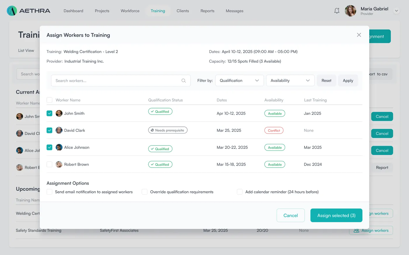Assigning workers to a training
