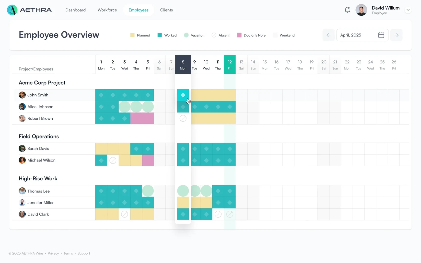Employee matrix with color-coded statuses