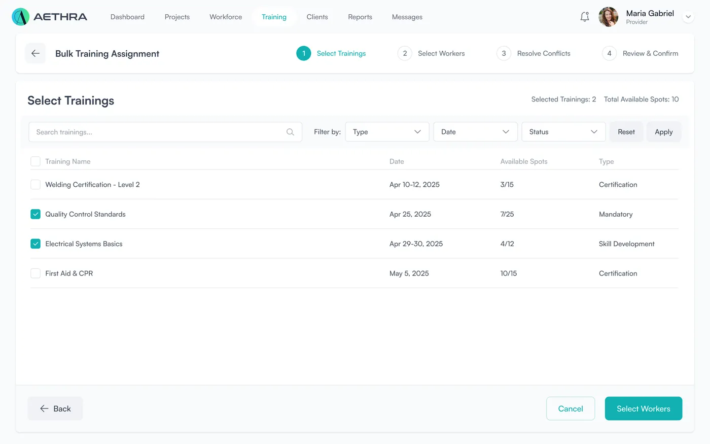 Bulk assignment: selecting trainings