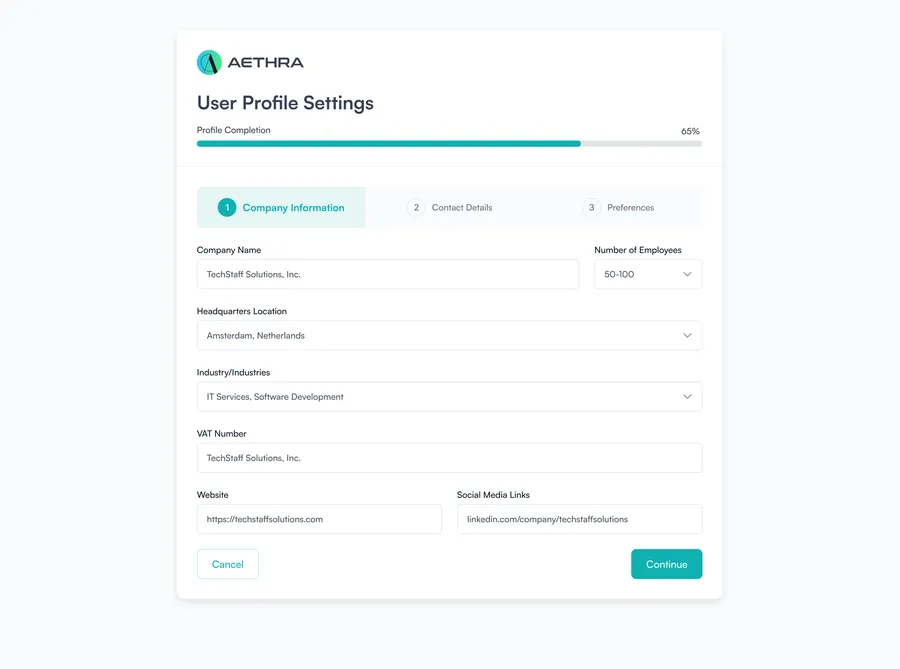 Settings: company information