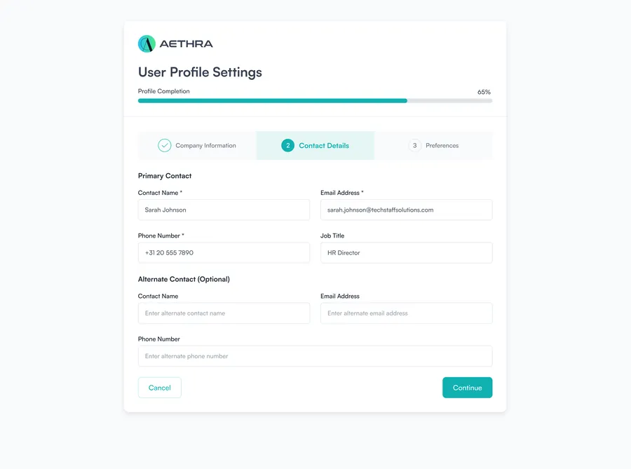 Settings: contact details