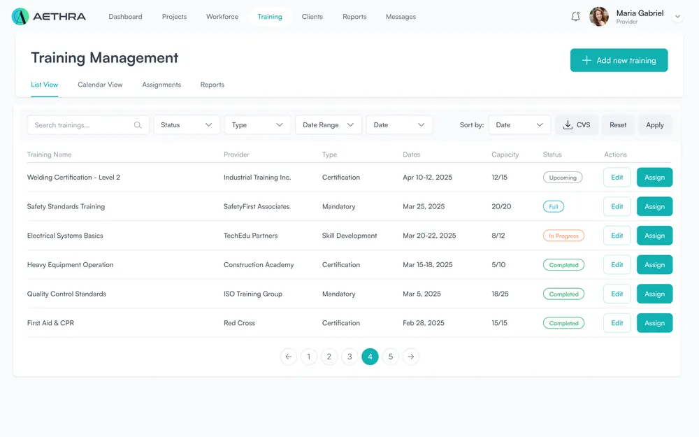 Trainings, list view