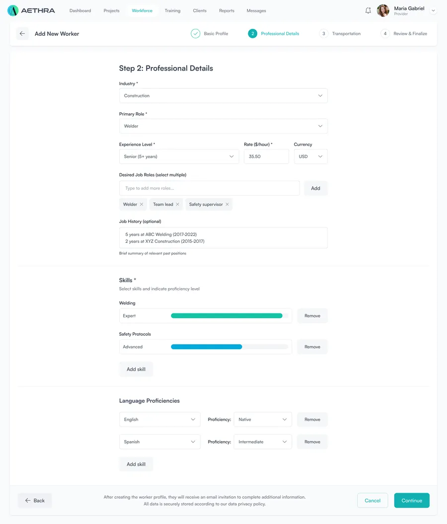 Step 2: professional details