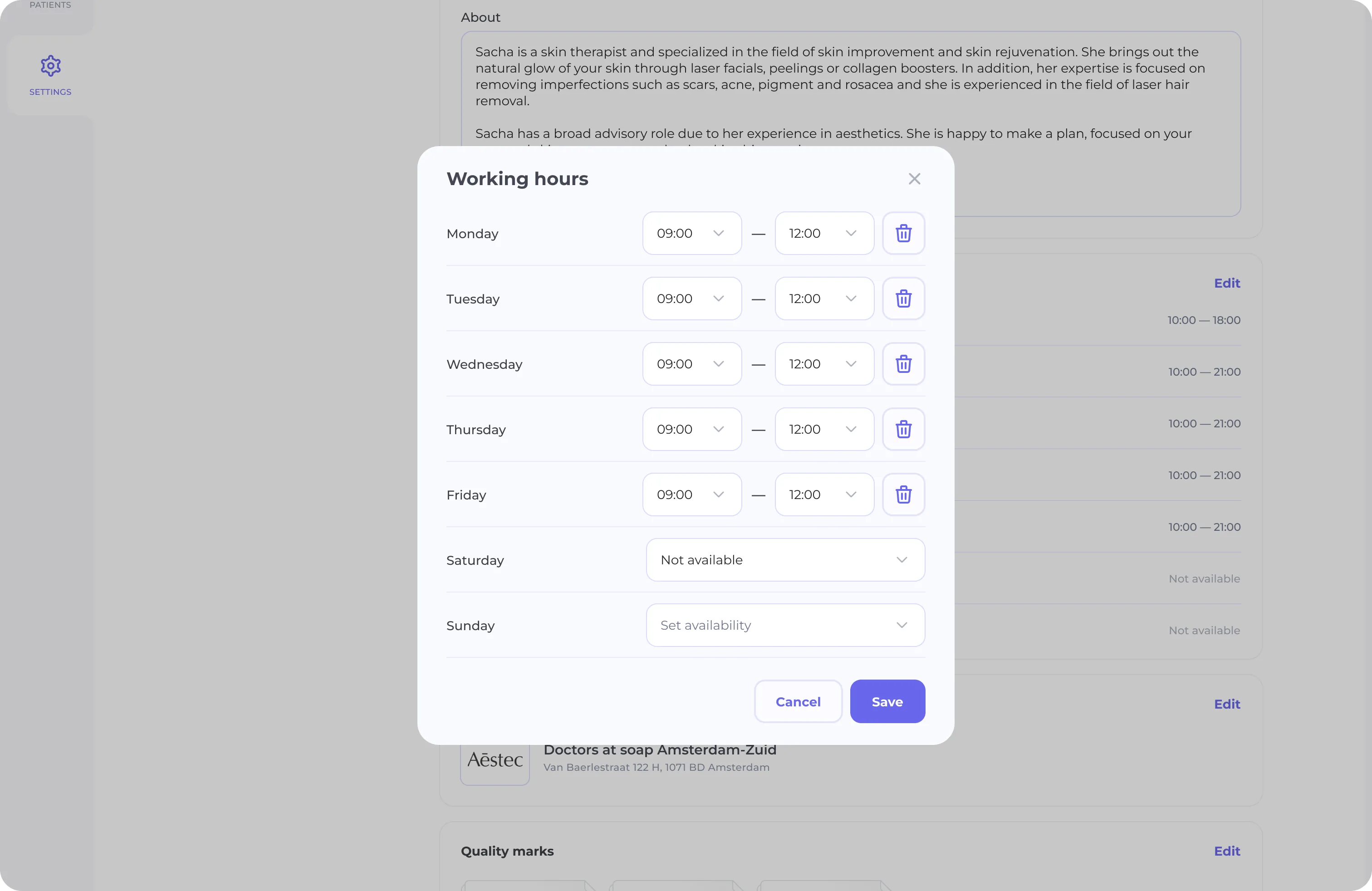 Clinic settings: working hours