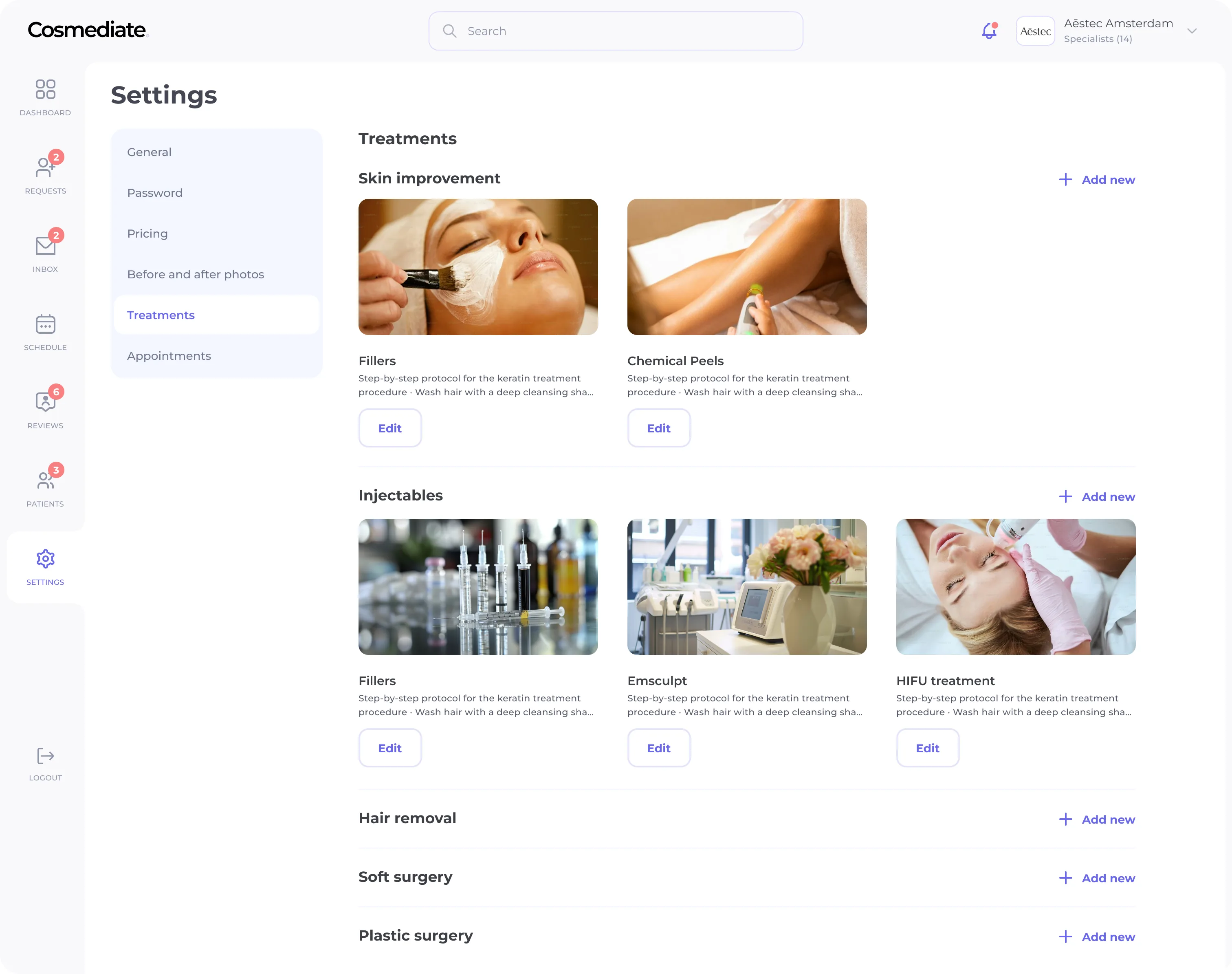 Clinic settings: treatments